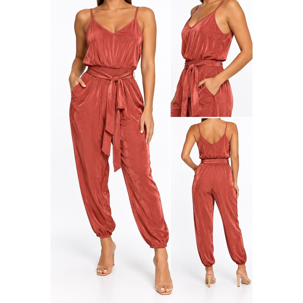 And Now This Women Rust Satin Sleeveless Jogger Jumpsuit Smocked Waist XS
